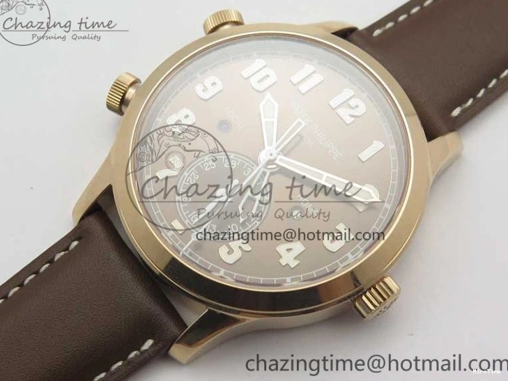 MIROTIME 0406 Calatrava 5524R Pilot Travel Time RG GRF Brown Dial on Brown Leather Strap MIYOTA TopPick 7155